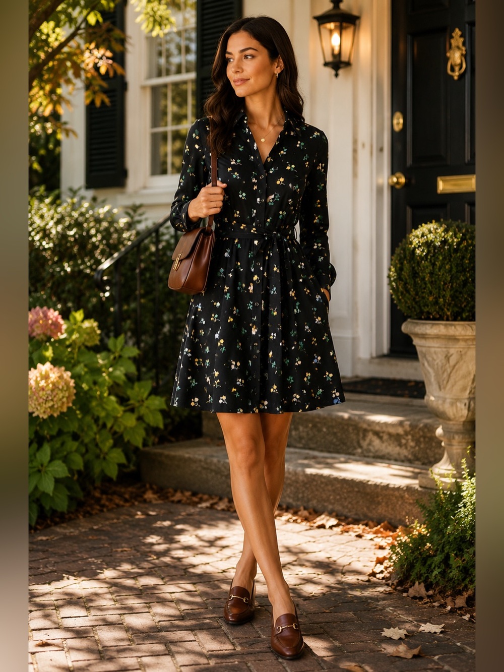Ann Taylor Petite 4P Black Floral Button Front Belted Shirt Dress